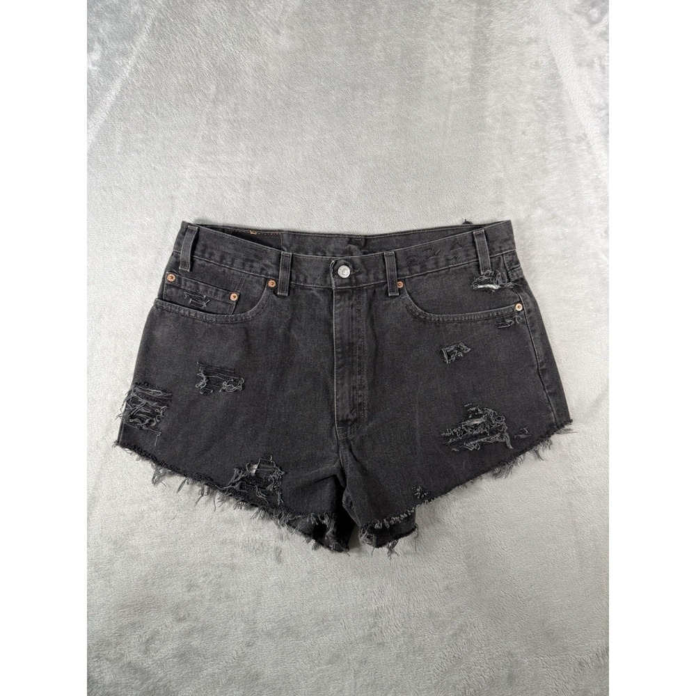 Levis 550 Jean Cut Off Shorts Womens 38 Black Relaxed Fit Distressed Made In USA